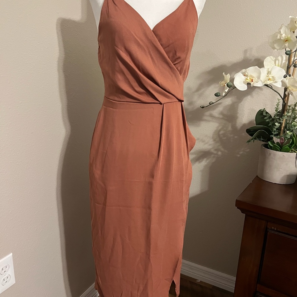 Charlotte Russe Mauve Pink Drap Faux Wrap Midi Dress Small, New with Tags